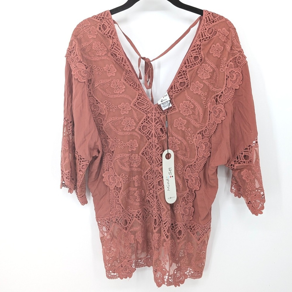 Mindset by XCVI Top Women Small Terracotta Lace Crochet V-Neck Boho Blouse NWT